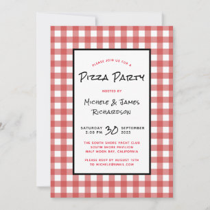 Classic Black Red White Gingham Pizza Party Invitation