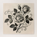 Classic Black Rose Vintage Botanical Bloom Jigsaw Puzzle<br><div class="desc">Embrace timeless elegance and romantic mystery with this striking black ink illustration of a blooming rose. A full open rose takes center stage, accompanied by a tight bud and thorny stem, surrounded by graceful swirling vines and delicate leaves — all rendered in intricate, detailed linework with rich cross-hatching for depth...</div>