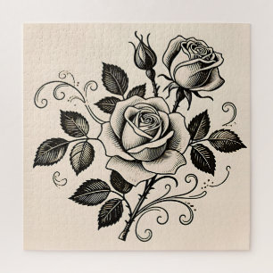 Classic Black Rose Vintage Botanical Bloom Jigsaw Puzzle