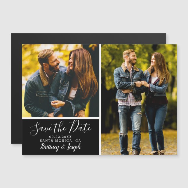 Classic Black Save the Date 2 Photo Collage Magnetic Invitation (Front/Back)