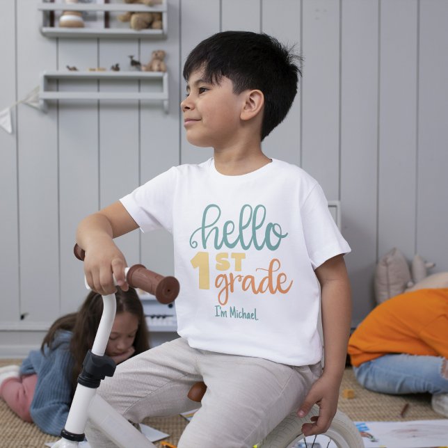 Classic Black School Student Name Pattern T-Shirt (Hello 1st Grade Personalized Boys' T-Shirt)