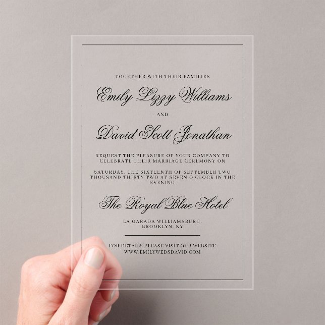 Classic Black Script Acrylic Wedding Invitation (Insitu (Handheld))
