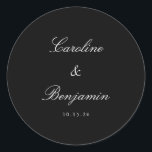 Classic Black Script Elegant Wedding Custom Round Sticker<br><div class="desc">Stylish Formal Classic Traditional Script Elegant Wedding Invitation Custom Classic Round Sticker with Black Background and White Text</div>