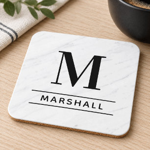 Classic Black Serif Monogram Family Name Coaster