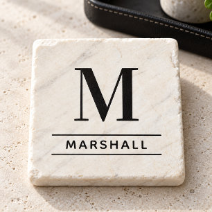 Classic Black Serif Monogram Family Name Stone Coaster