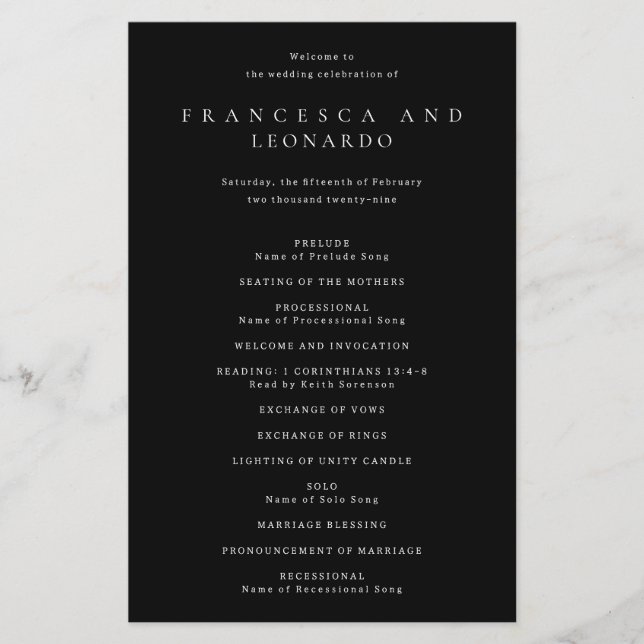 Classic Black Simple Wedding Program (Front)