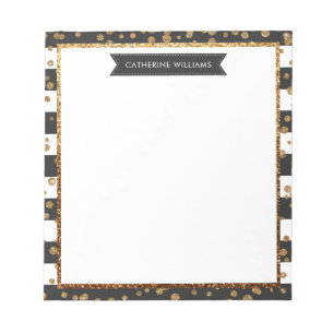 Classic Black Stripe Gold Glitter Sparkle Confetti Notepad