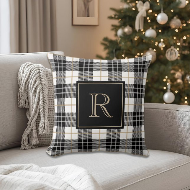 Classic Black Tartan Plaid Custom Initial Throw Pillow (Creator Uploaded)