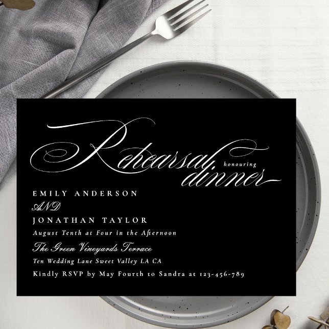 Classic Black Tie Calligraphy Rehearsal Dinner Enclosure Card (Creator Uploaded)