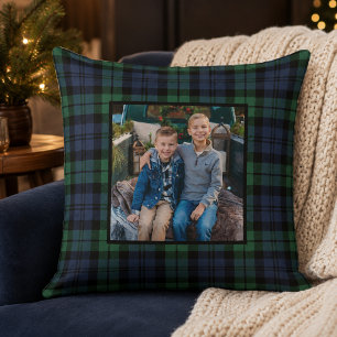 Classic Black Watch Tartan Photo Christmas Throw Pillow