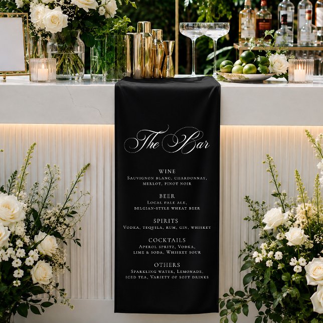 Classic Black Wedding Bar Menu Reception Décor Banner (Creator Uploaded)
