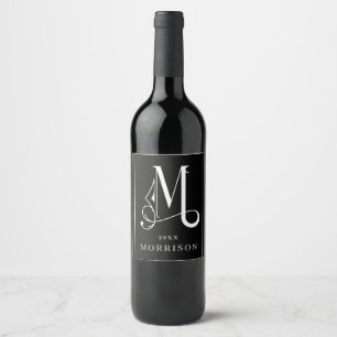 Classic Black & White Beautiful Monogram M Custom Wine Label