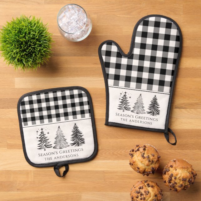 Classic Black & White Buffalo Plaid Christmas Oven Mitt & Pot Holder Set (Top Down)