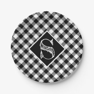 Classic Black White Buffalo Squares Monogram  Paper Plate