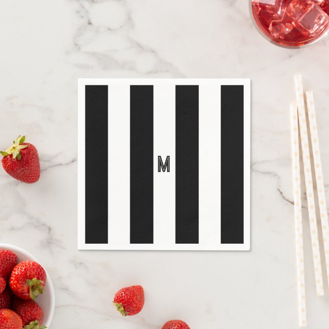Classic Black & White Cabana Stripe Monogram Napkin (Insitu)