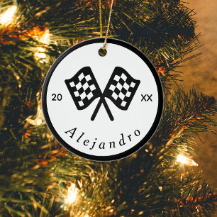 Classic Black & White Chequered Flag Racing Racer Ceramic Ornament