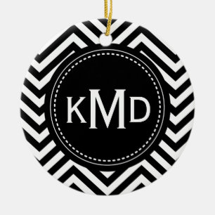 Classic Black White Chevron Trio Monogram Ceramic Ornament