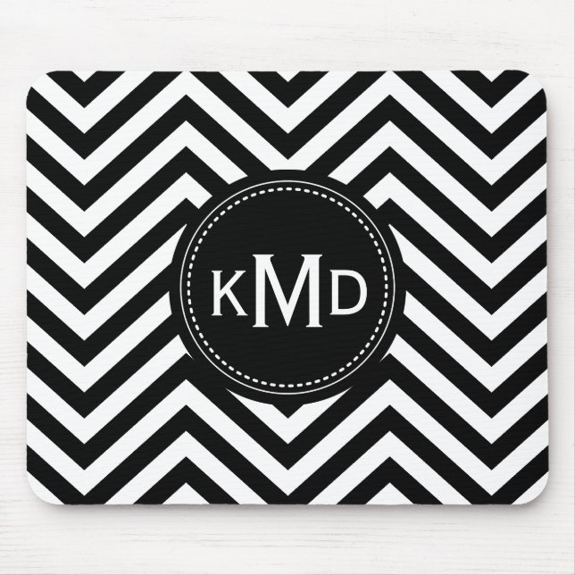 Classic Black White Chevron Trio Monogram Mouse Pad (Front)