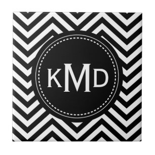 Classic Black White Chevron Trio Monogram Tile