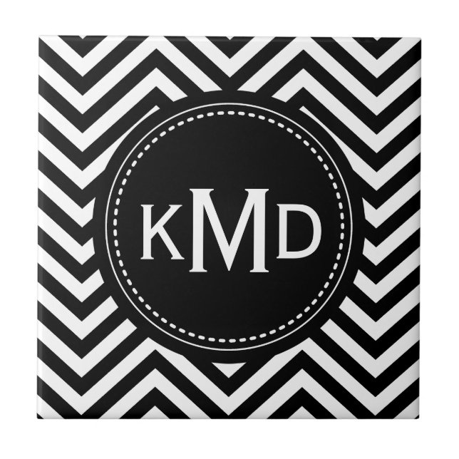 Classic Black White Chevron Trio Monogram Tile (Front)
