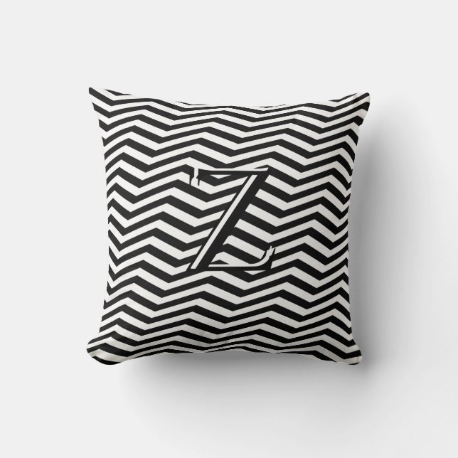 Classic Black White Chevron Zig Zag Monogram Throw Pillow (Front)