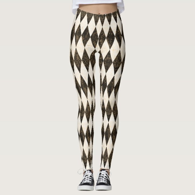 Classic Black White-Cream Harlequin Diamond Argyle Leggings (Front)
