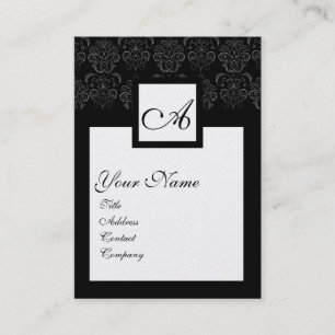 CLASSIC BLACK WHITE DAMASK SQUARE MONOGRAM Pearl Business Card