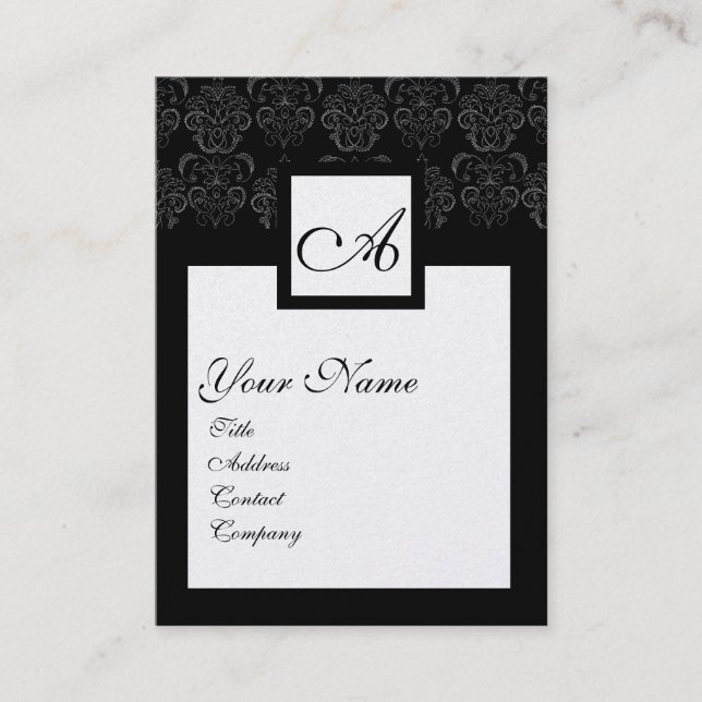 CLASSIC BLACK WHITE DAMASK SQUARE MONOGRAM Pearl Business Card (Front)