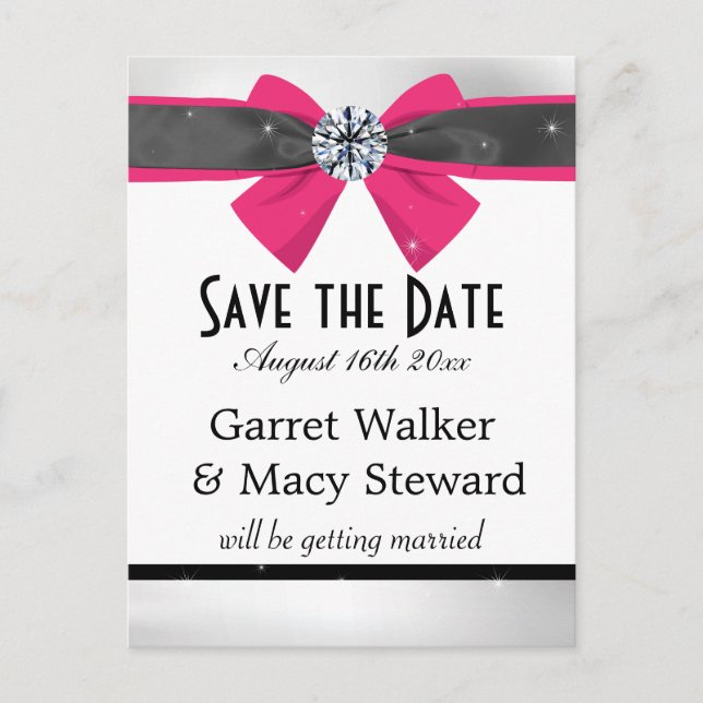 Classic Black & White Drapery with Magenta Bow Announcement Postcard (Front)