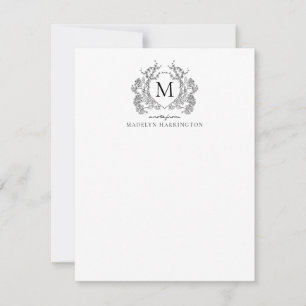 Classic Black White Floral Vintage Crest Monogram Card