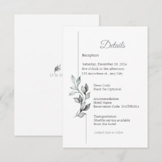 Classic Black & White Foliage Wedding Details Card