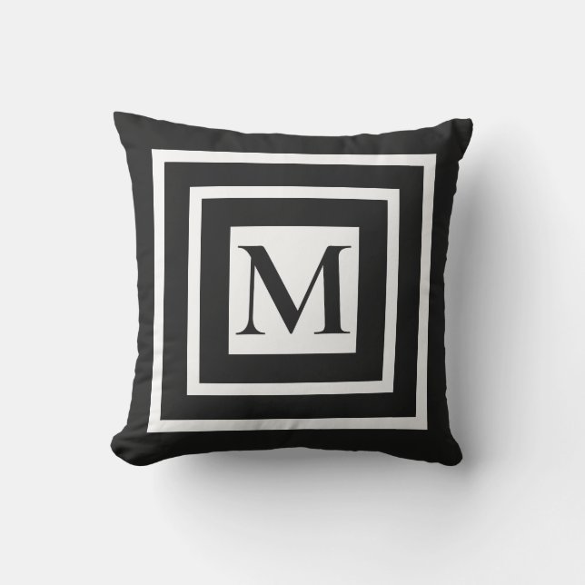 Classic black white framed monogram outdoor pillow (Front)