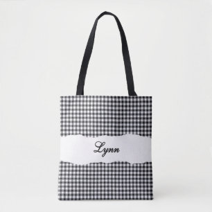 Classic Black & White Gingham Personalized Name Tote Bag