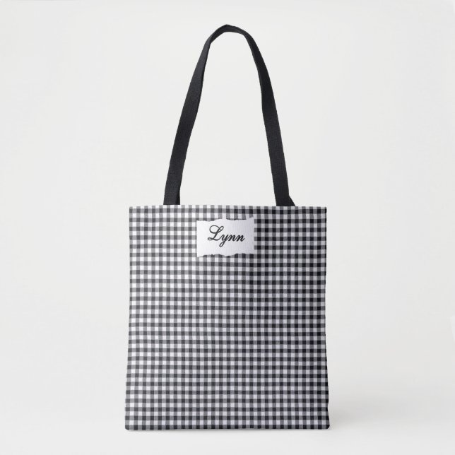 Classic Black & White Gingham | Personalized Name Tote Bag (Front)