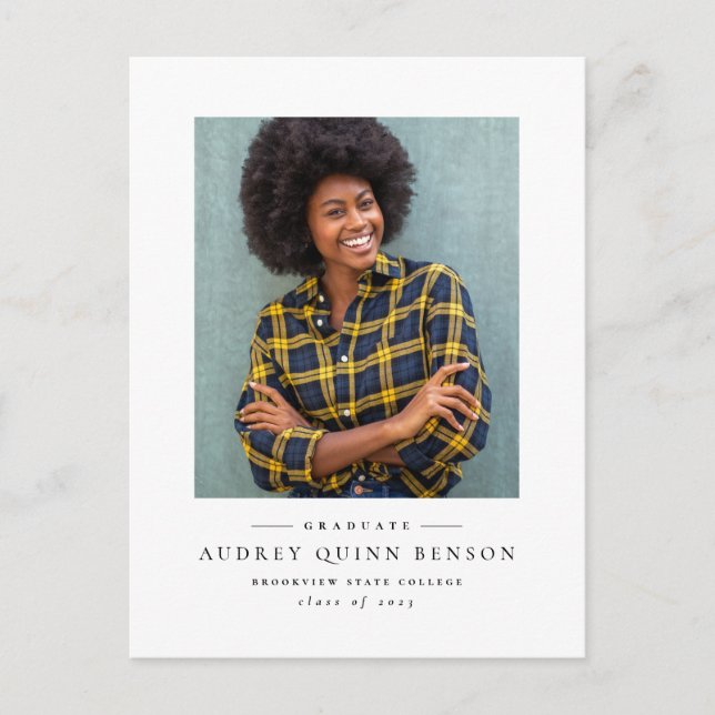 Classic black white graduation invitation postcard (Front)