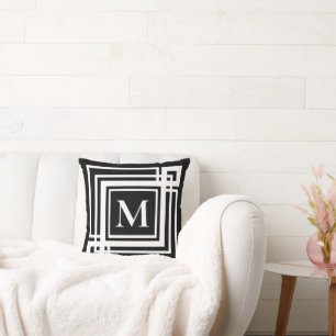 Classic black white greek framed monogram throw pillow