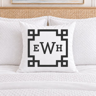 Classic Black White Greek Key Monogram Initial Throw Pillow