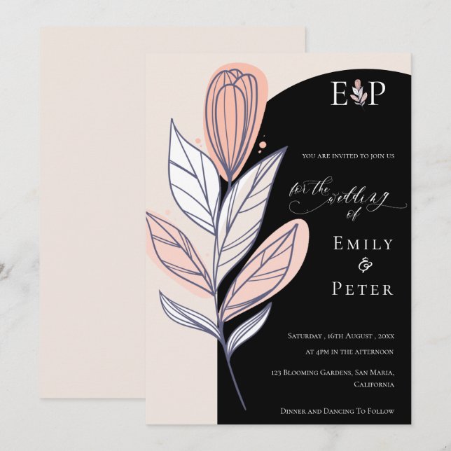 Classic Black White  Hand Drawn Floral Wedding Invitation (Front/Back)