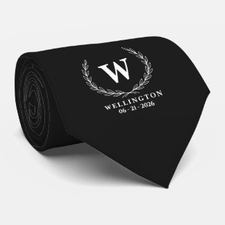 Classic Black White Laurel Monogram Wedding Date Tie