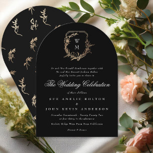 classic black white monogram gold crest arch invitation