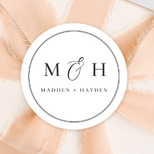 Classic Black White Monogram Names Wedding Round Sticker