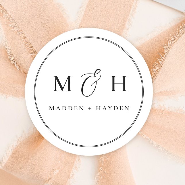 Classic Black White Monogram Names Wedding Round Sticker (Creator Uploaded)