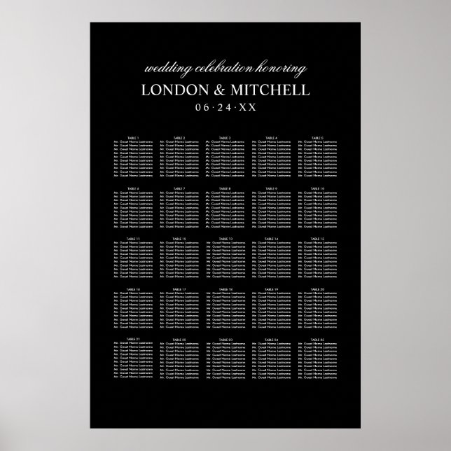 Classic Black White Monogram Wedding Seating Poster (Front)