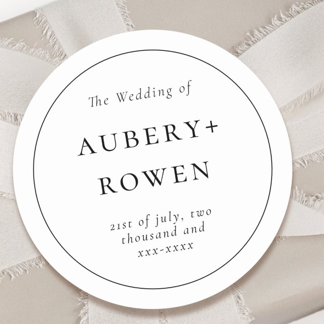 Classic Black White Personalized Names Wedding Round Sticker (Creator Uploaded)