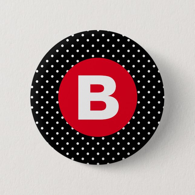 Classic Black & White Polka Dot with Red Monogram 2 Inch Round Button (Front)