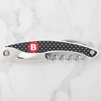 Classic Black & White Polka Dot with Red Monogram Corkscrew