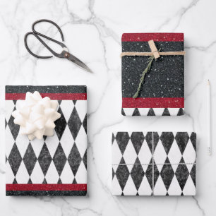 Classic Black White Red Halequin Diamond Argyle Wrapping Paper Sheet