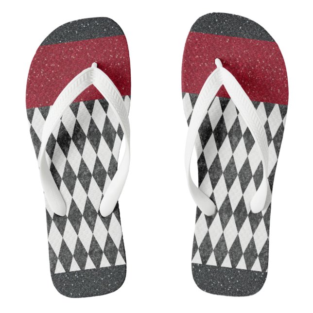 Classic Black White Red Harlequin Diamond Argyle Flip Flops (Footbed)