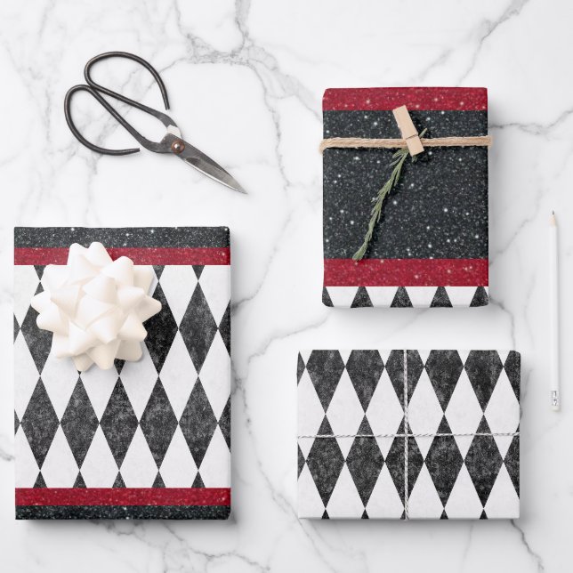 Classic Black White Red Harlequin Diamond Argyle  Wrapping Paper Sheet (Front)