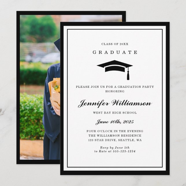 Classic Black & White Script Graduation Photo Invitation (Front/Back)